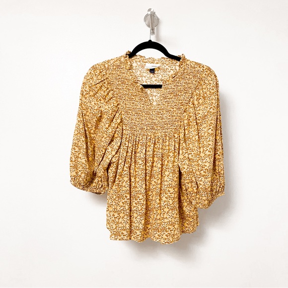 Universal Thread Tops - Universal Thread Fall Peasant Bubble‎ Sleeve Floral Top Yellow Orange Small